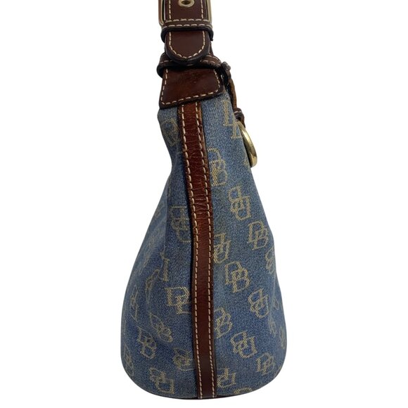 Dooney Bourke Blue Denim Jeans DB Logo Brown Leather Mini Hobo Bag Vintage Y2K - Picture 2 of 16